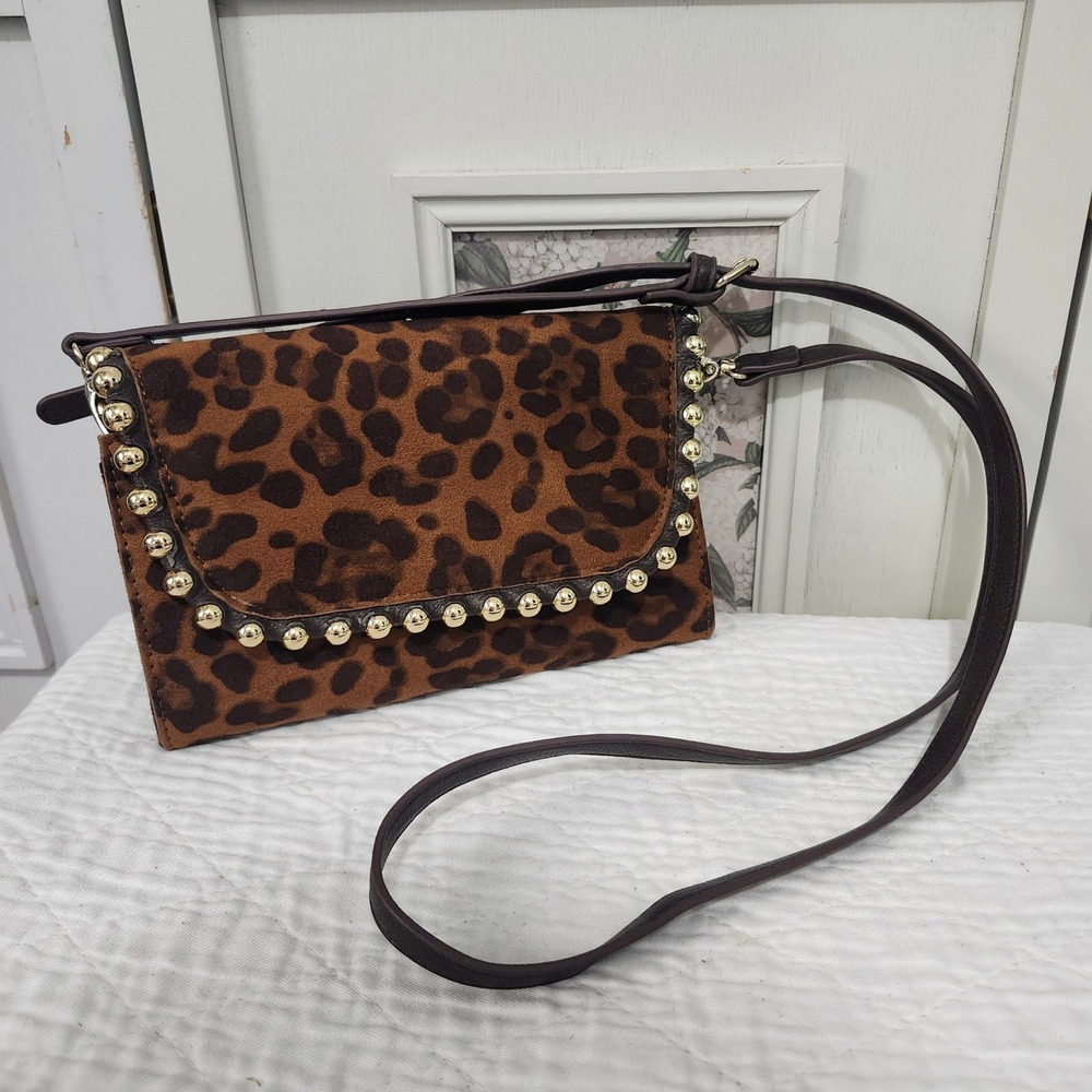 Big Buddha Suede Leopard Print‎ Studded Crossbody Bag Small Clutch Brown